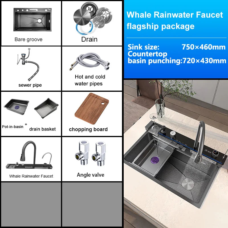 Silver Slot Stainless Steel Waterfall Sink Digital Display