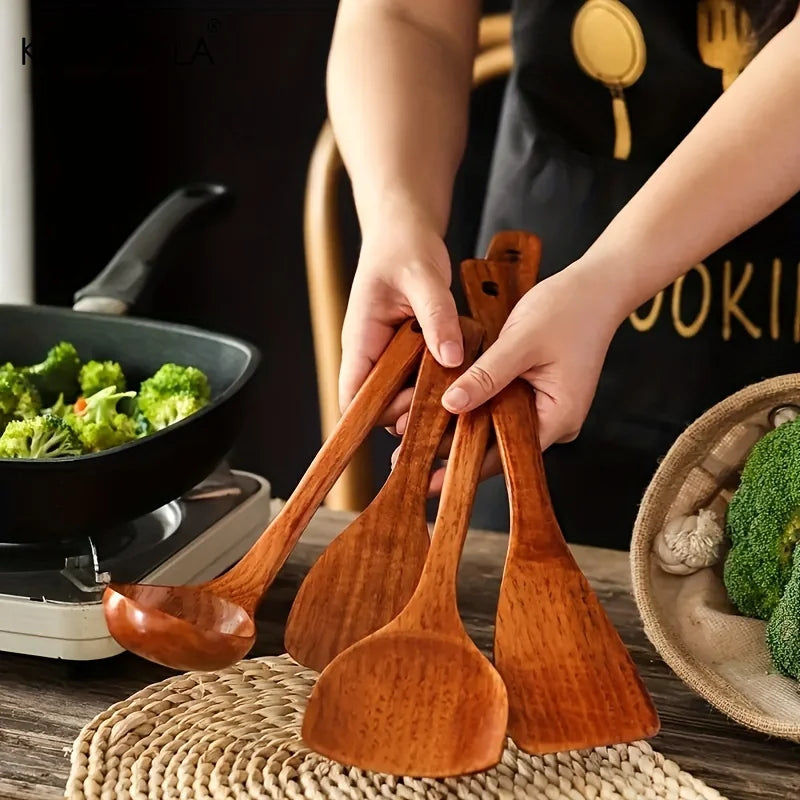 Kemorela 4pcs Utensil Cooking Wood Shovel Scoop Nonstick