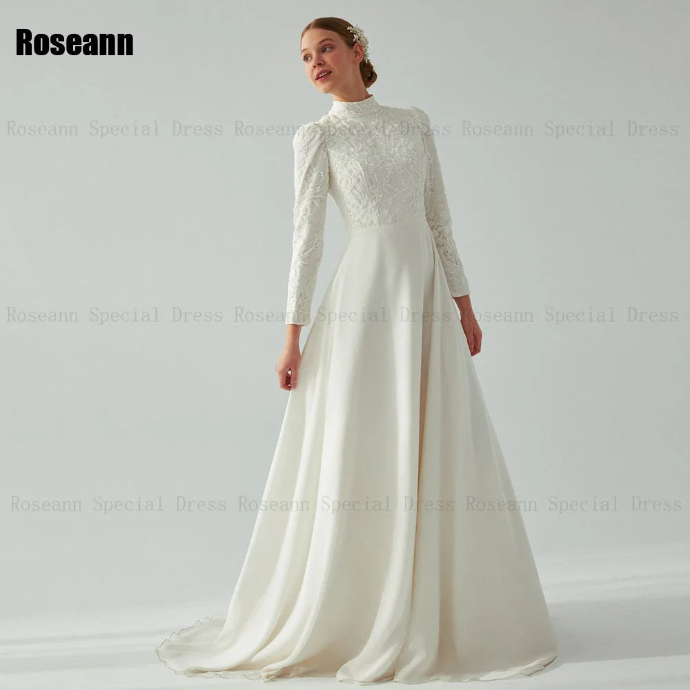 Customized Muslim A-Line Wedding Dresses High Collar Draped