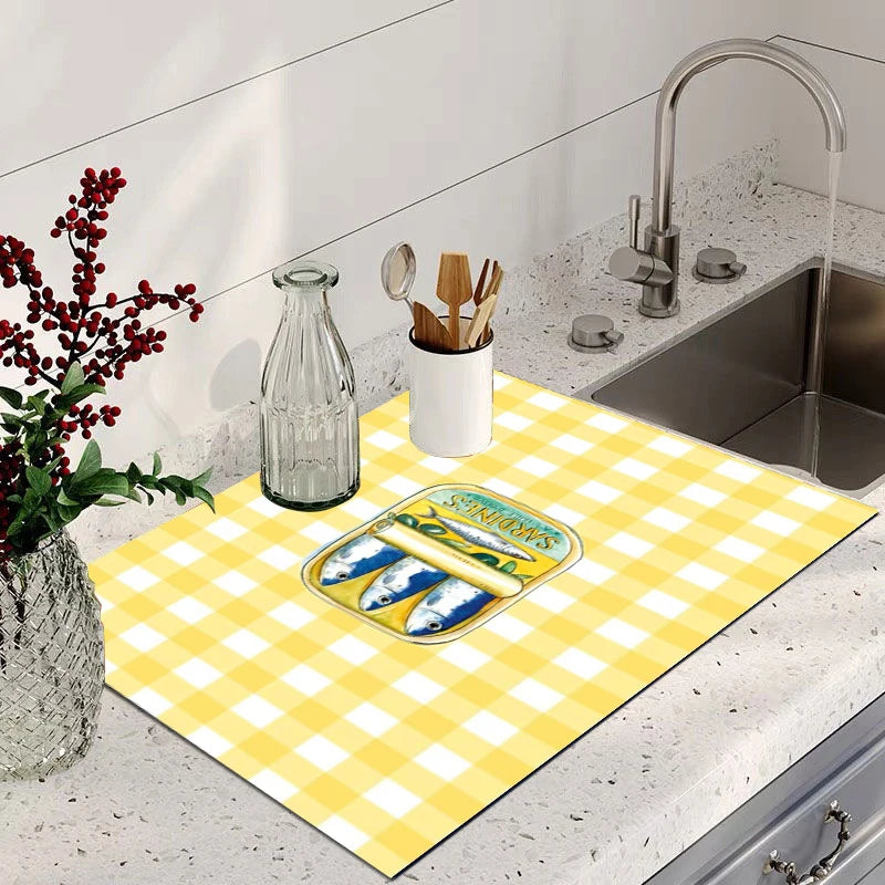 Absorbent Dish Drying Mat Counter Retro Sardine Tin