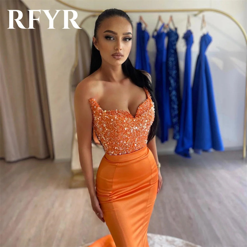 Rfyr Mermaid Sexy Special Occasion Dresses Orange Glitter