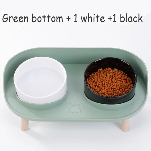 Cat Double Bowl Safety Wood Stand Silicone Mat