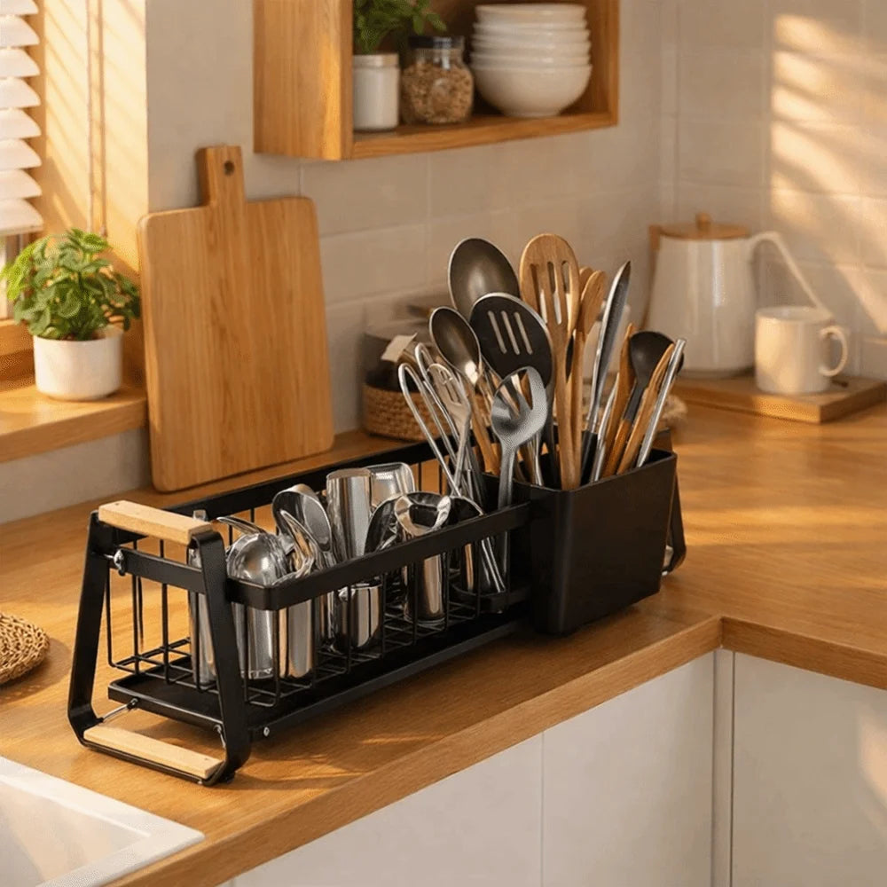 Detachable Dish Rack Wooden Handle Metal Frame Organizer