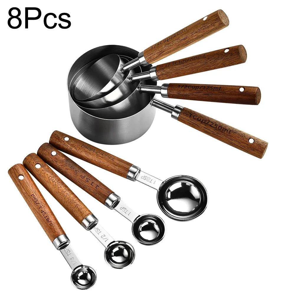 1/4/8pcs Gold Wooden Handle Stainless Steel Measuring Cups