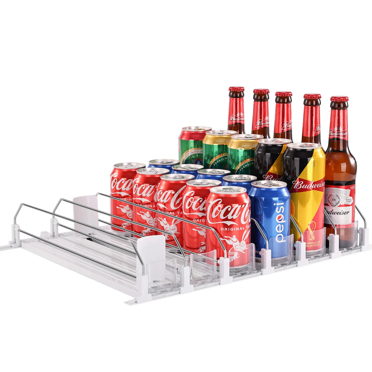 Soda Can Dispenser Automatic Pusher Glide-Holds Rows Canned
