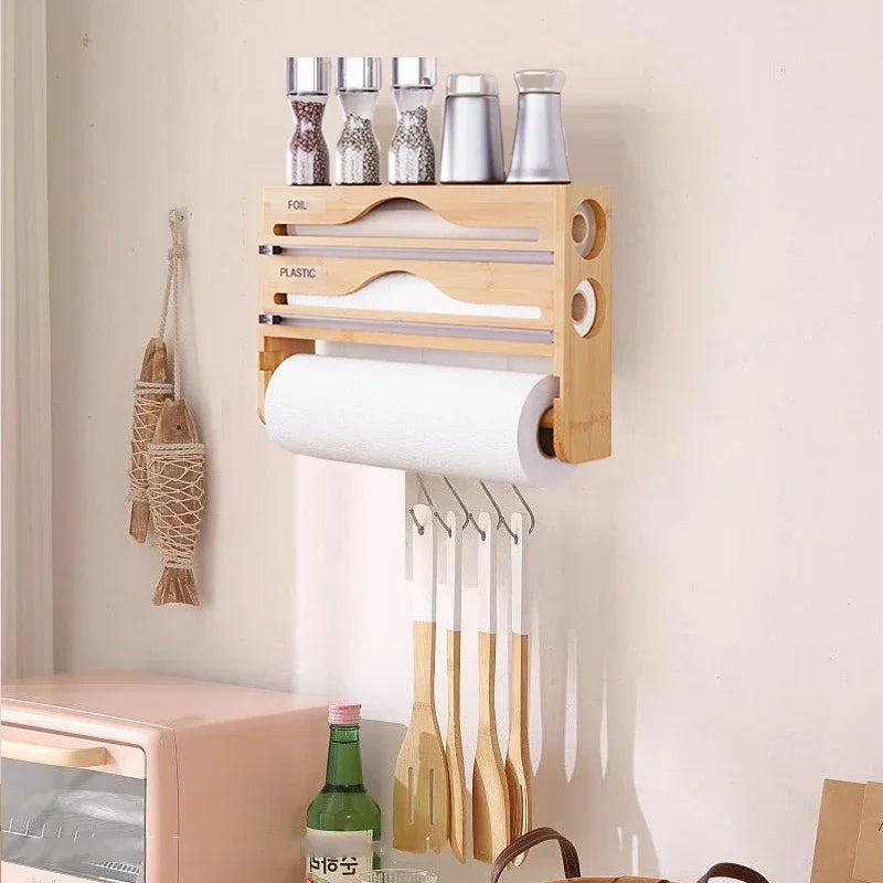Bamboo Compartment Cling Film Tin Foil Cutter Box