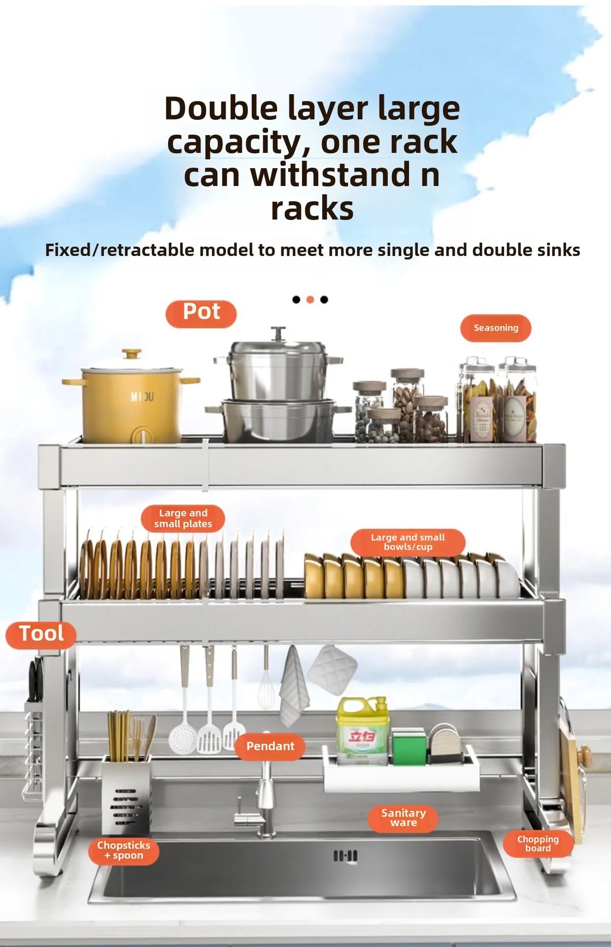 304 Stainless Steel Sink Storage Rack Layers Shelf