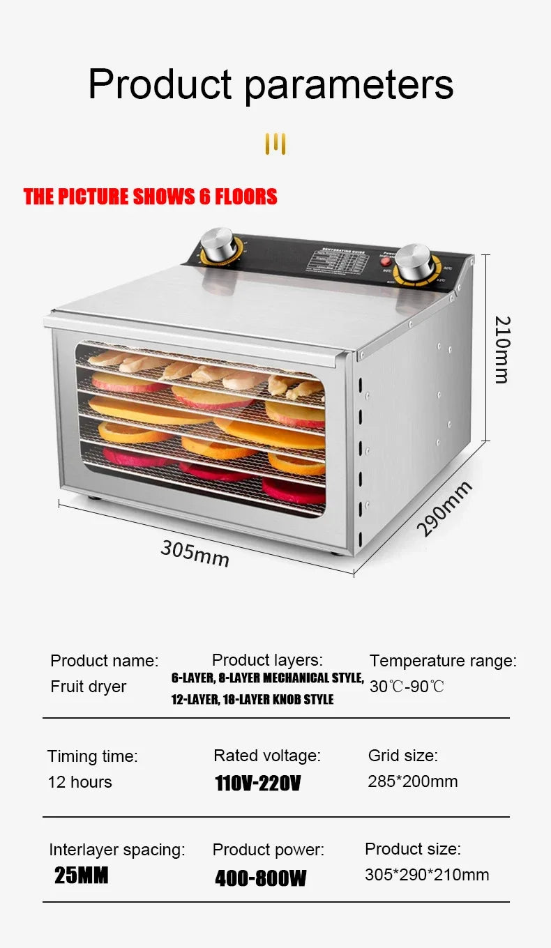 6/8/12/18 Layers Food Dehydrator Fruit Timing Temperature Air
