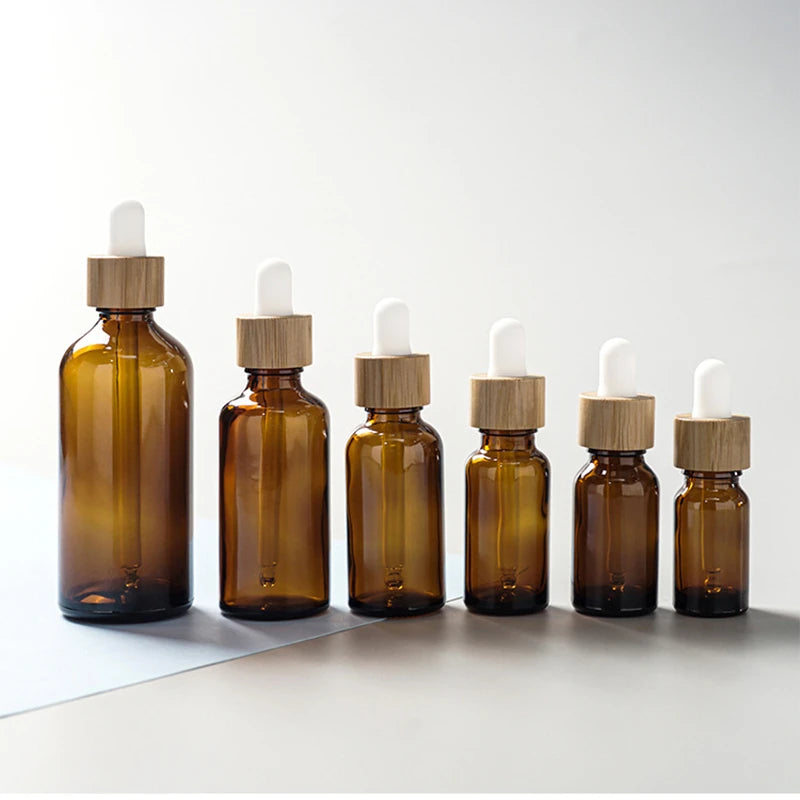 5ml-100ml Dropper Bottle Bamboo Wood Lid Brown Glass