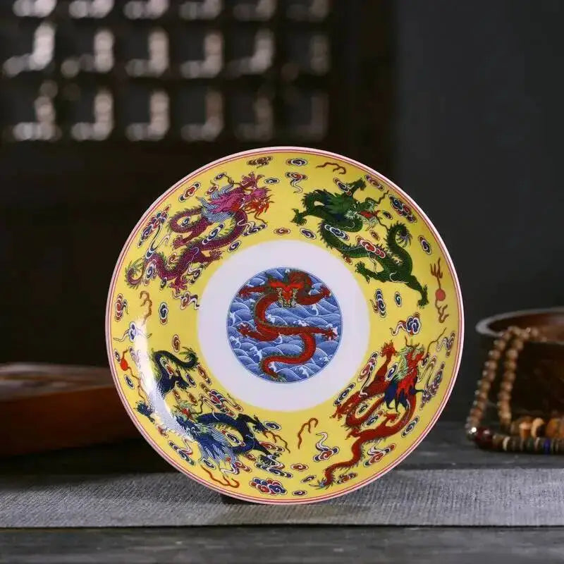 Ceramic Dragon Dish Chinese Bone Porcelain Deep Flat