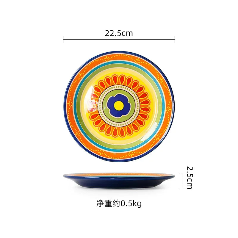 1pcs Ceramic Tableware Bohemian Flat Dinner Plate Western