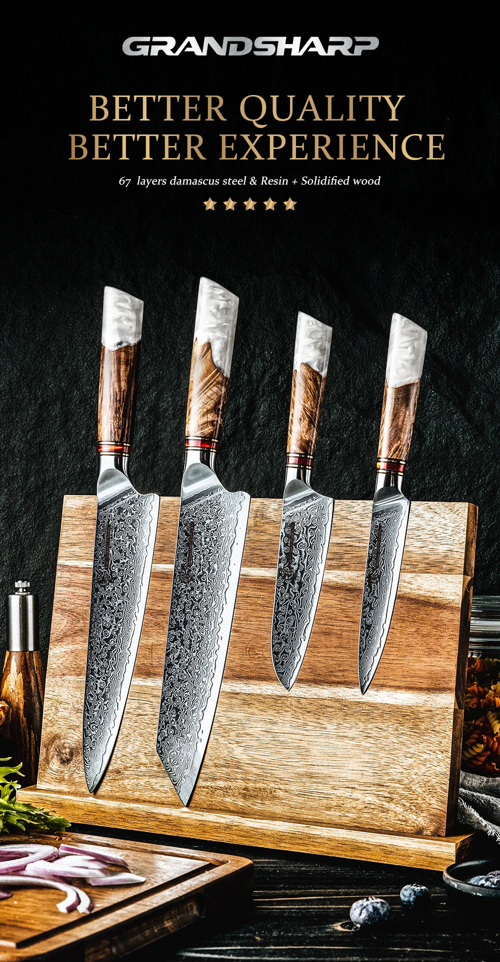 Grandsharp 1-4 Pieces Knife Damascus Steel 10cr15c0mov Steel