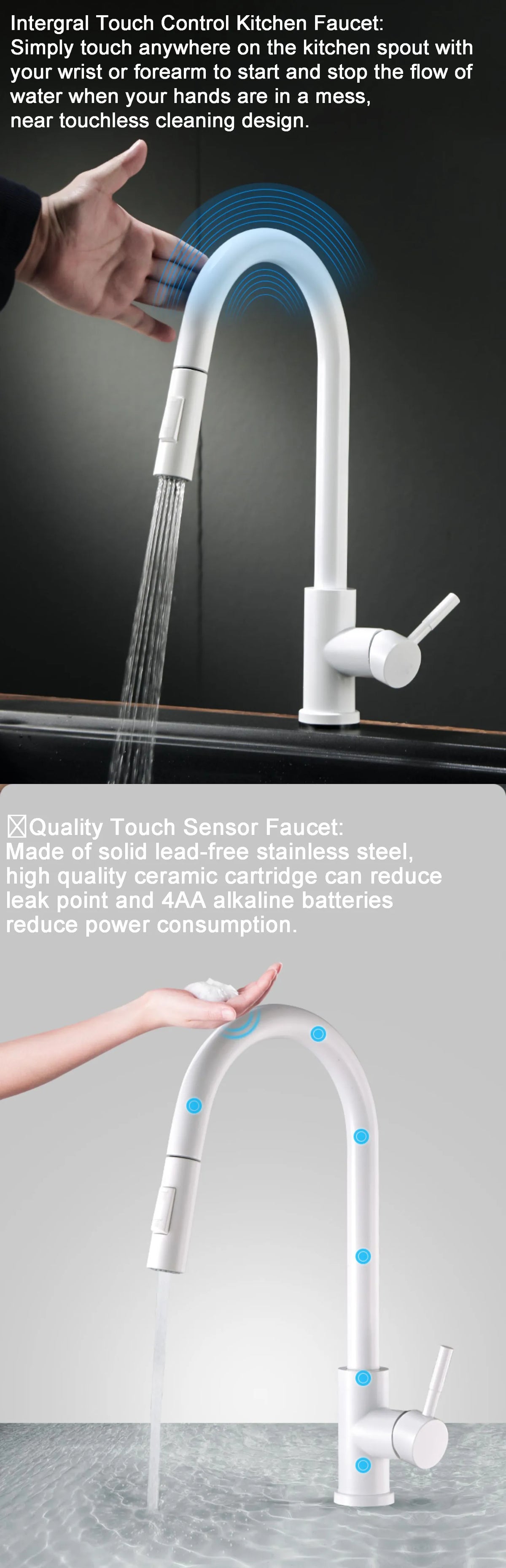 White Touch-On Sink Faucets Pull Down Sprayer Improvement