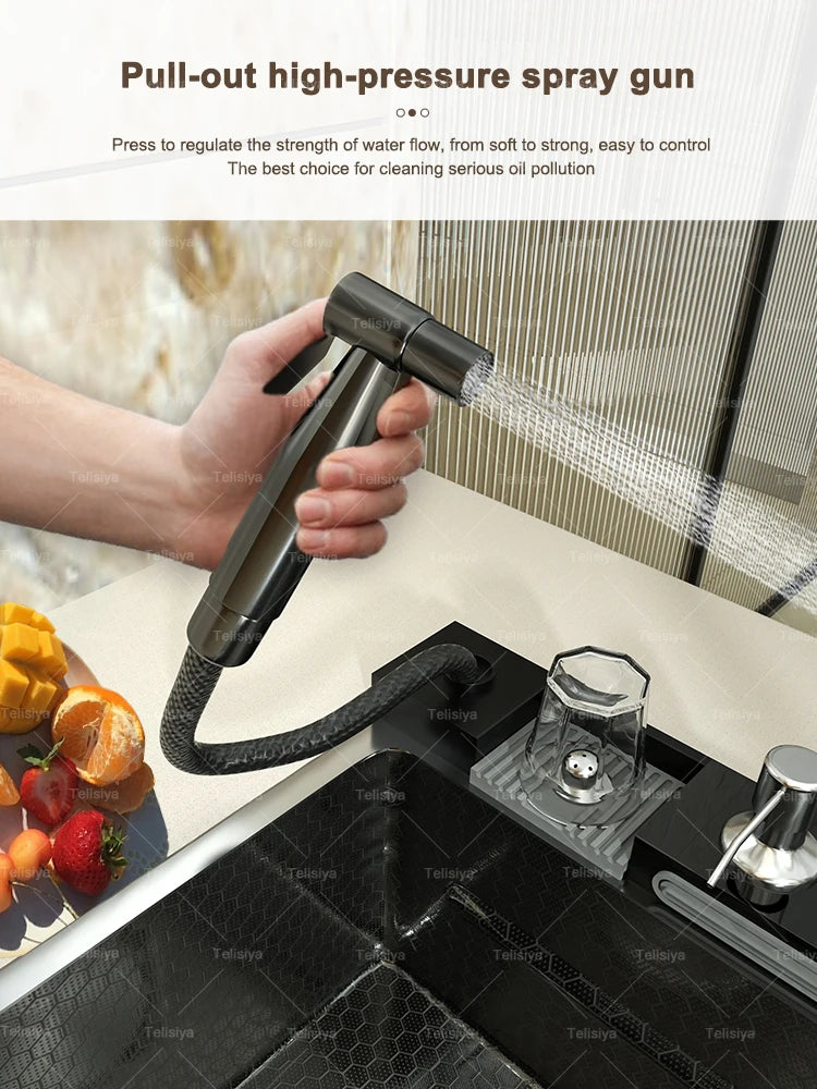 Extra Large Stainless Steel Waterfall Sink Embossed Solt