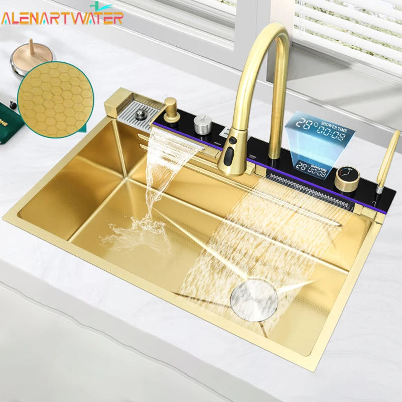 Golden Stainless Steel Sink Double Waterfall Digital Display