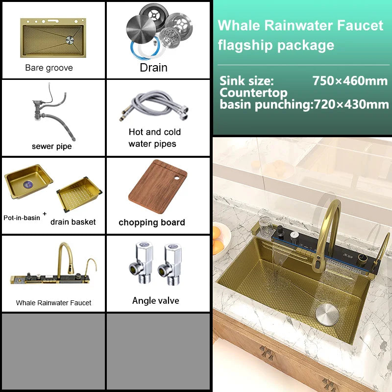 Extra Large Stainless Steel Waterfall Sink Embossed Solt