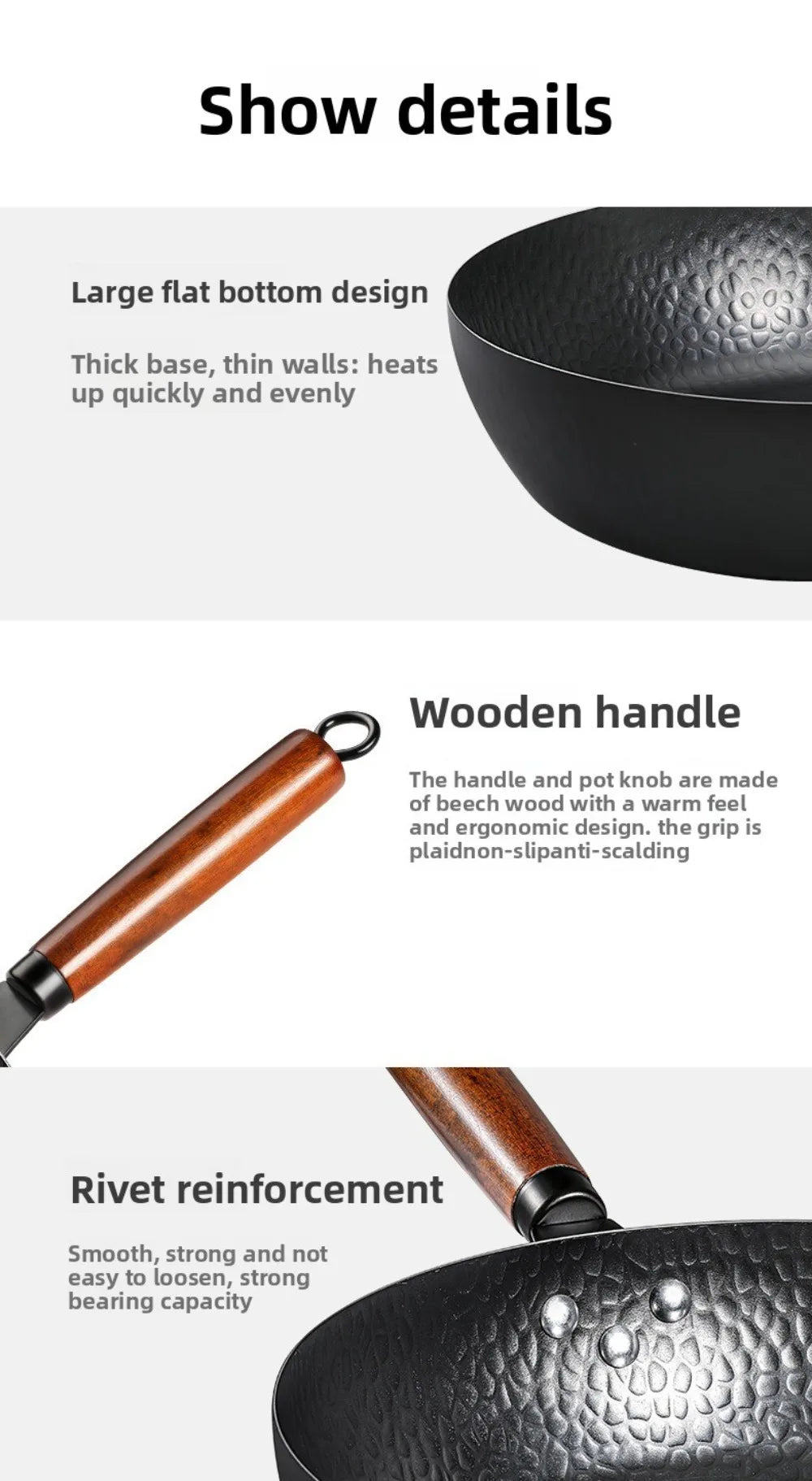 Hand Forged Cast Iron Pan Wooden Handle Uncoated