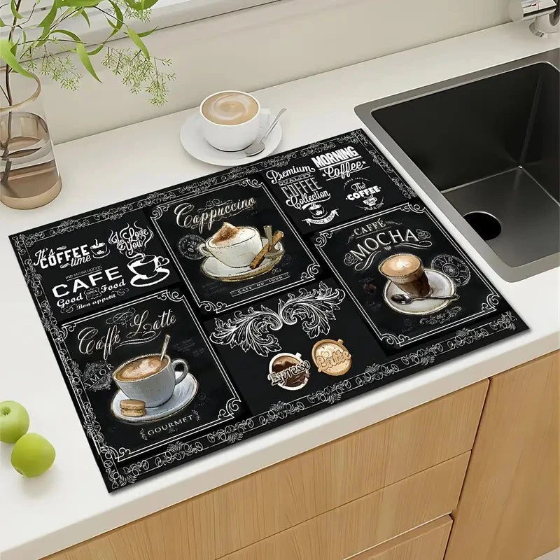Creative Coffee Print Drying Mat Soft Rubber Non-Slip