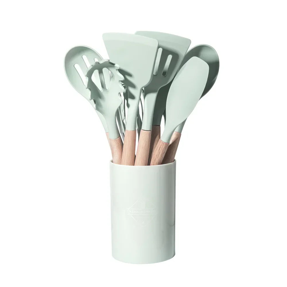 12pcs Of Multi-Color Silicone Wooden Handle Kitchenware Non