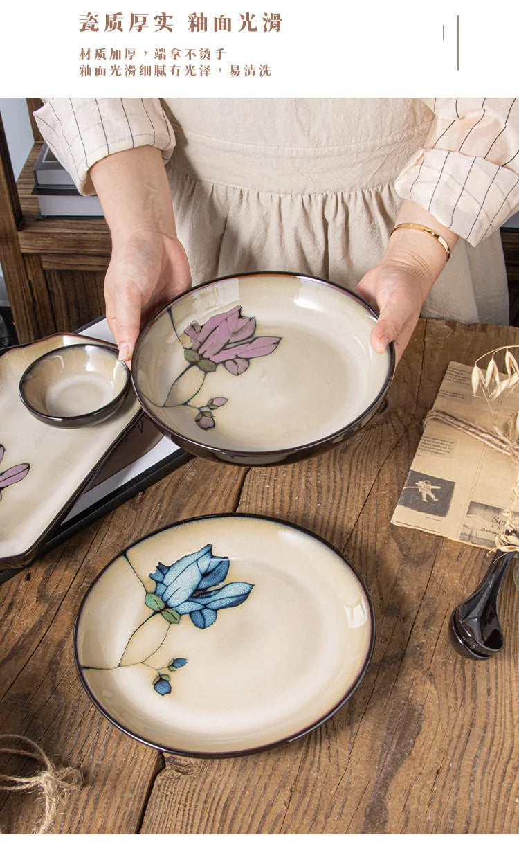 Ceramic Hand-Painted Flowers Creative Dish Plate Japanese