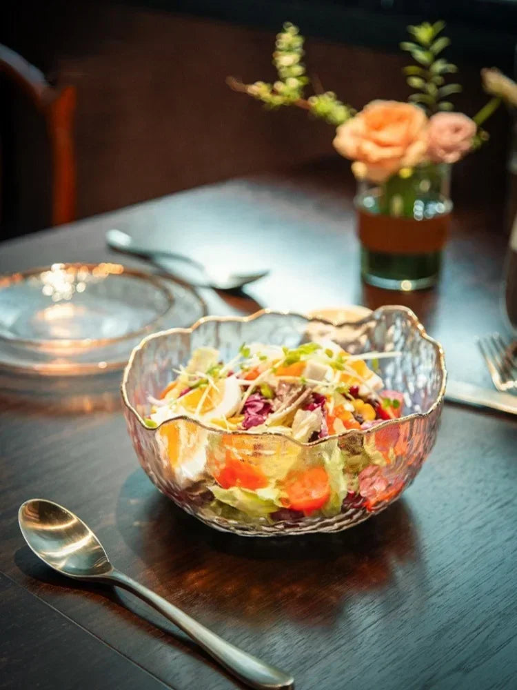380/750/1450ml Salad Glass Bowl Gold Edge Fruit Candy