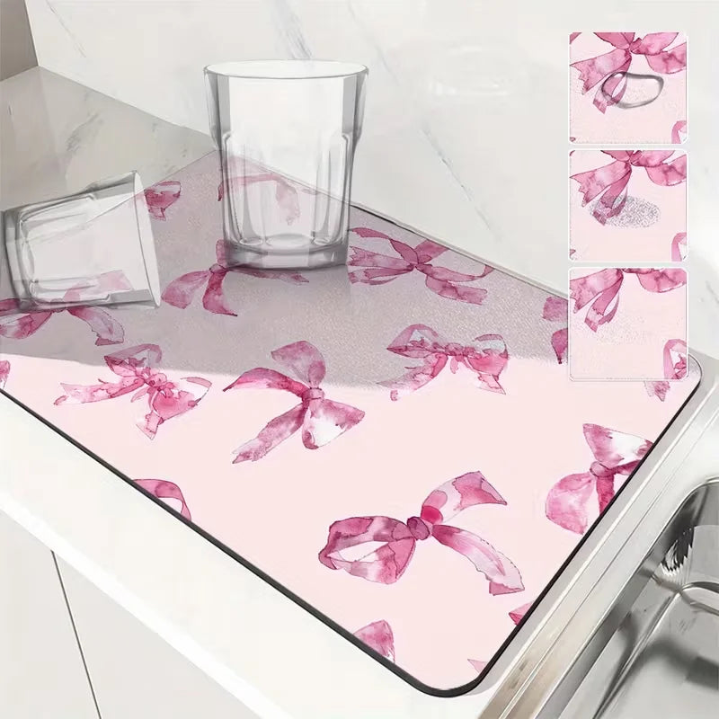 Romantic Pink Bow Floral Print Counter Drying Mat