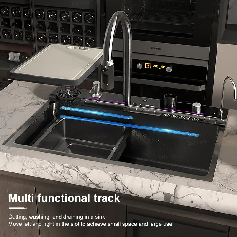 Waterfall Digital Display Sink Stainless Steel Wash Dish