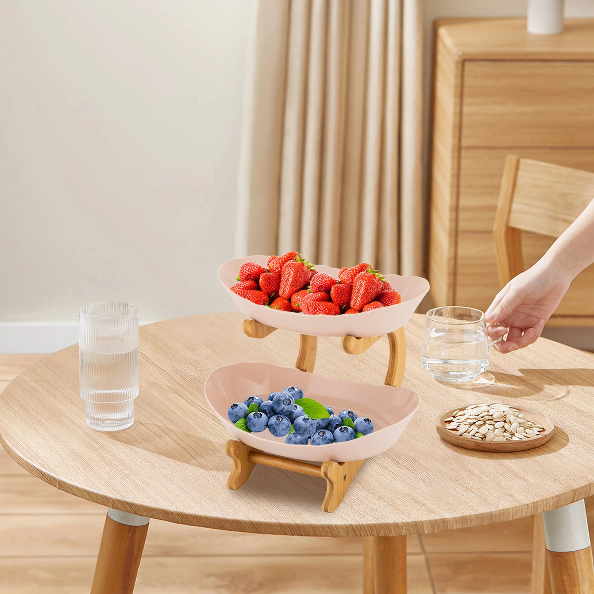 2-Tier Fruit Bowl Bamboo Fruit Basket Stand Food-Grade