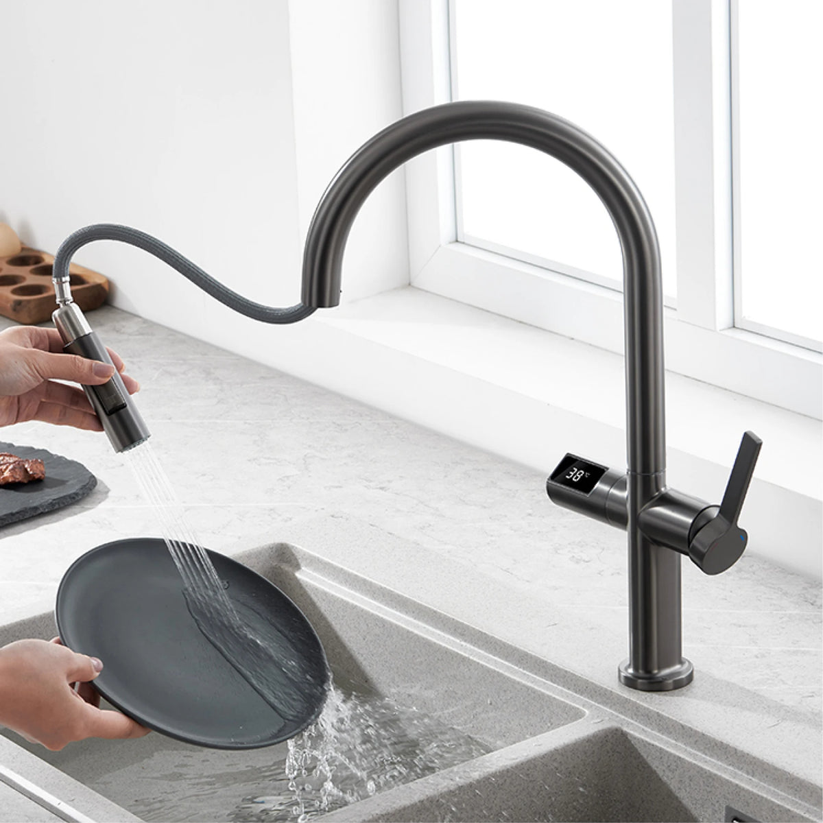 Luxury Brass Gun Gray Faucet Led Digital Sensing