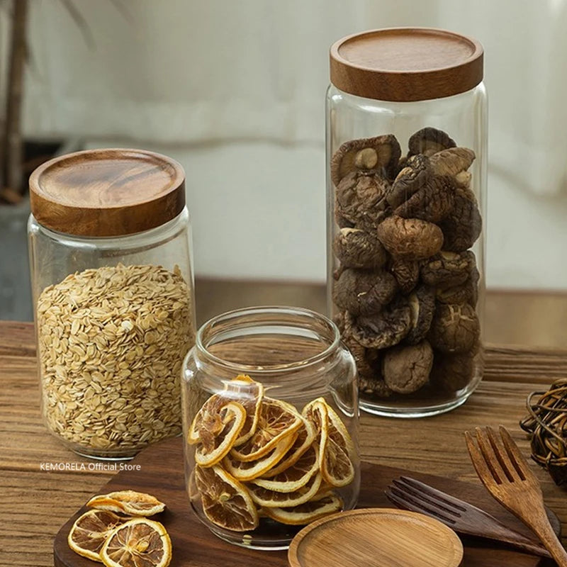 Wood Lid Glass Airtight Canister Storage Bottles Jars