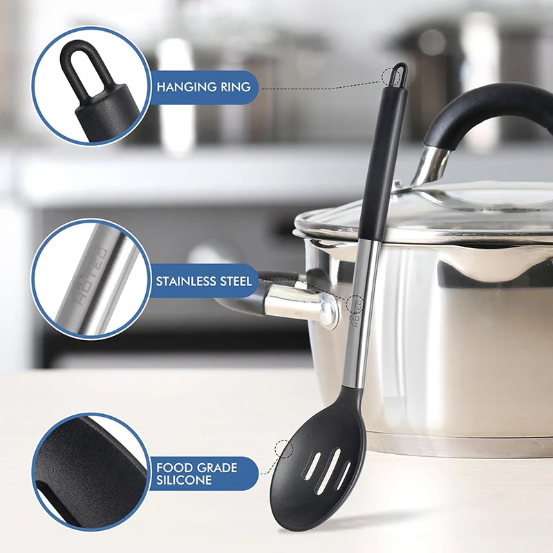 Silicone Cooking Spoons Kit Stainless Steel Handle Salad