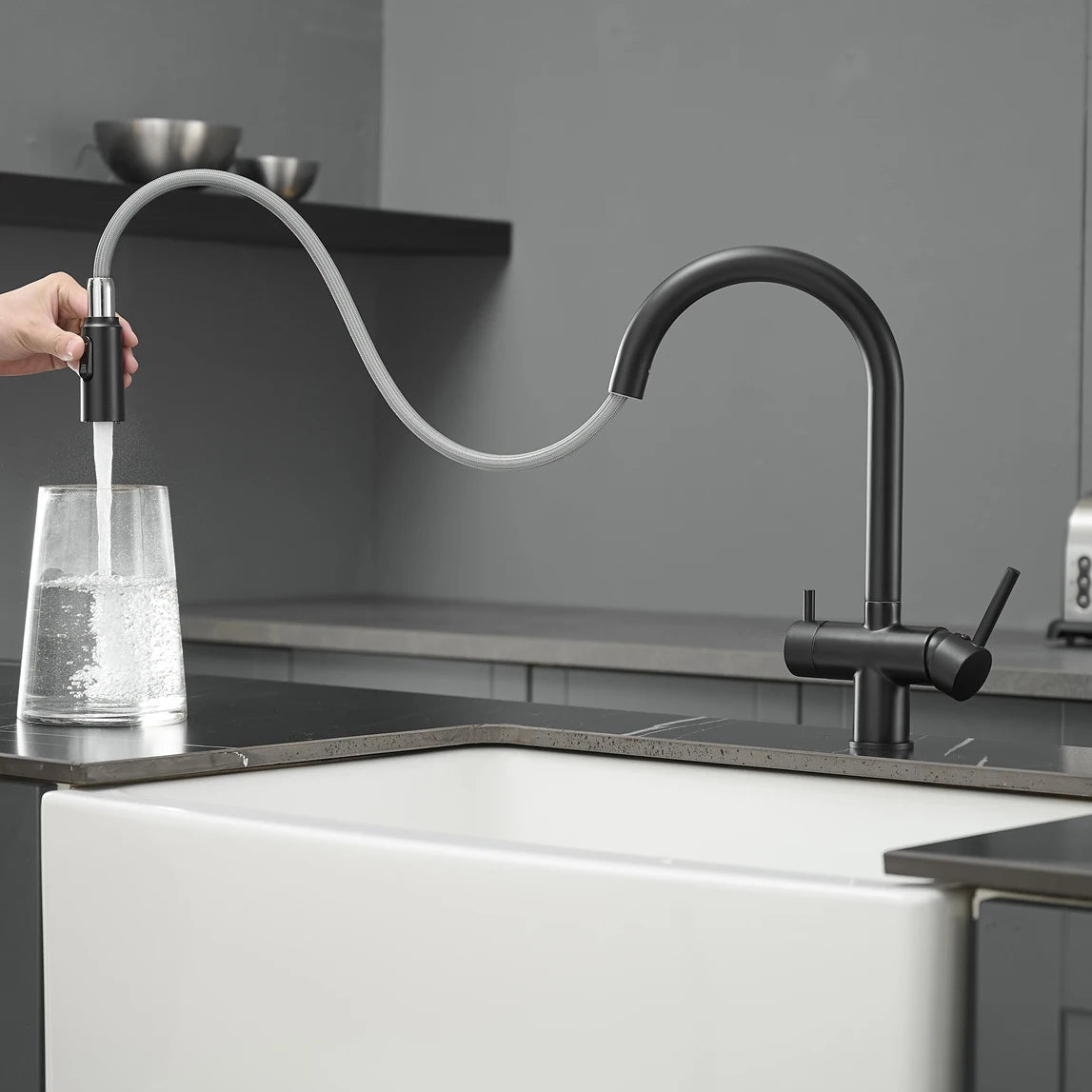 Brushed Gold Pull Out Filter Faucet Sink Mixer