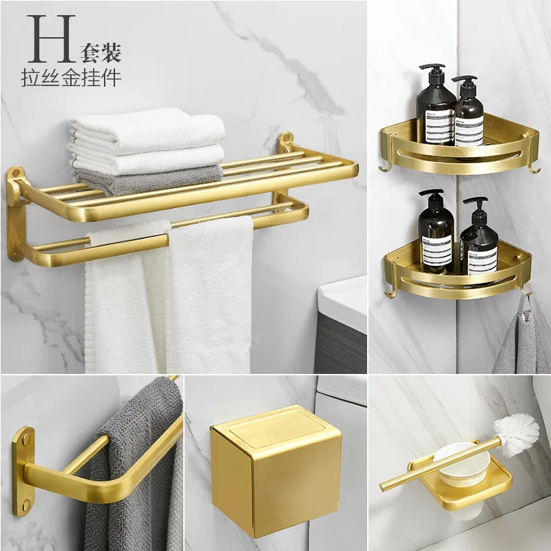 Bathroom Brushed Gold Aluminum Storage Rack Hardware Pendants