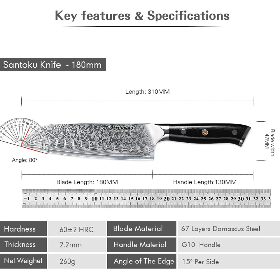 Japanese Style Santoku Knife Damascus Steel Professional Chef