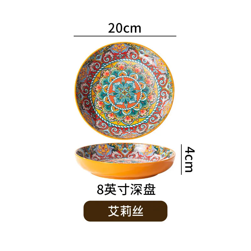 Bohemian Deep Ceramic Plate Dinnerware High-Quality Appearance