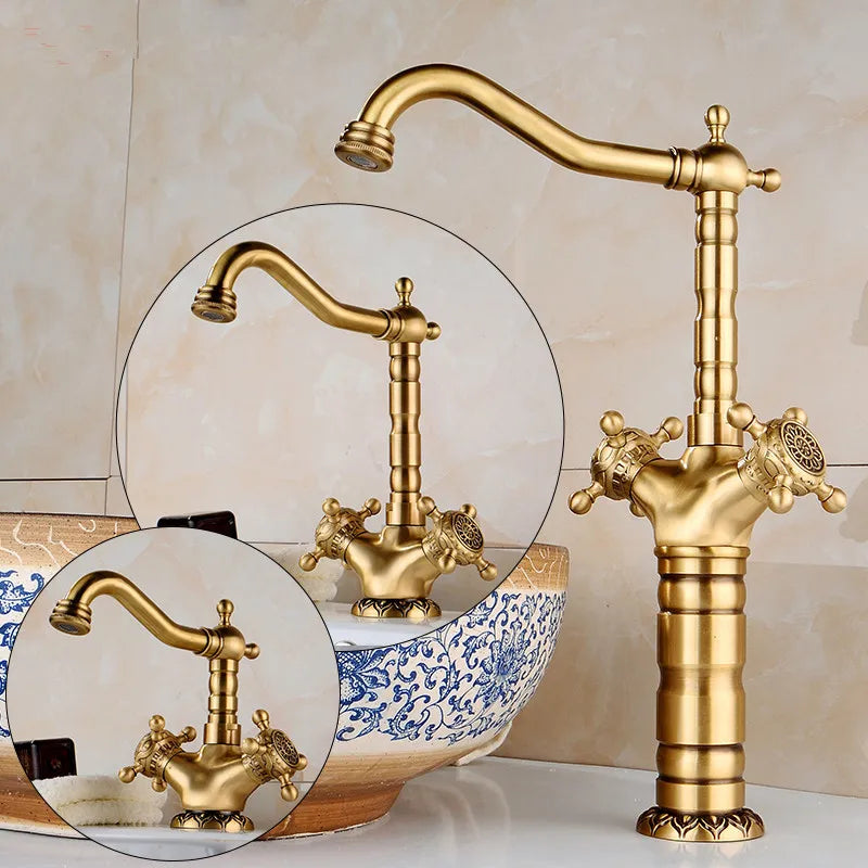 Tuqiu Antique Brass Bathroom Faucet Carved Deck Mounted