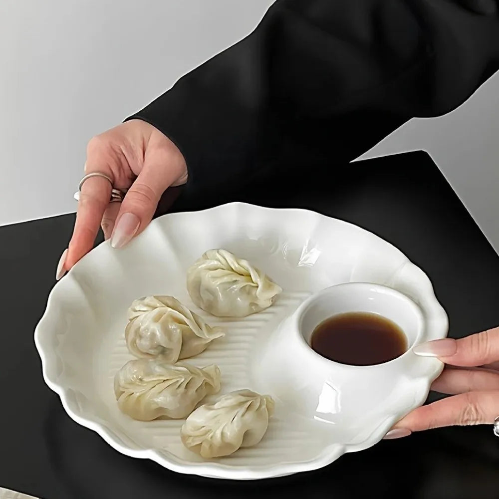 Minimalist Round Ceramic Dumpling Dishes Thicken Ruched Hem