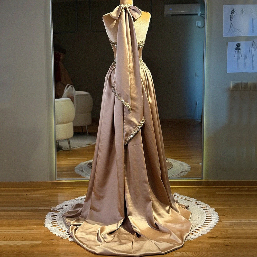 Gorgeous Halter Sleeveless Evening Dress Exquisite Beaded A-Line