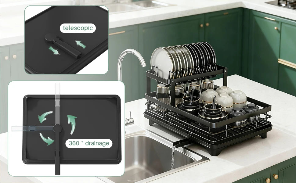 2-Layer Dish Drain Rack Is Suitable Countertop Metal