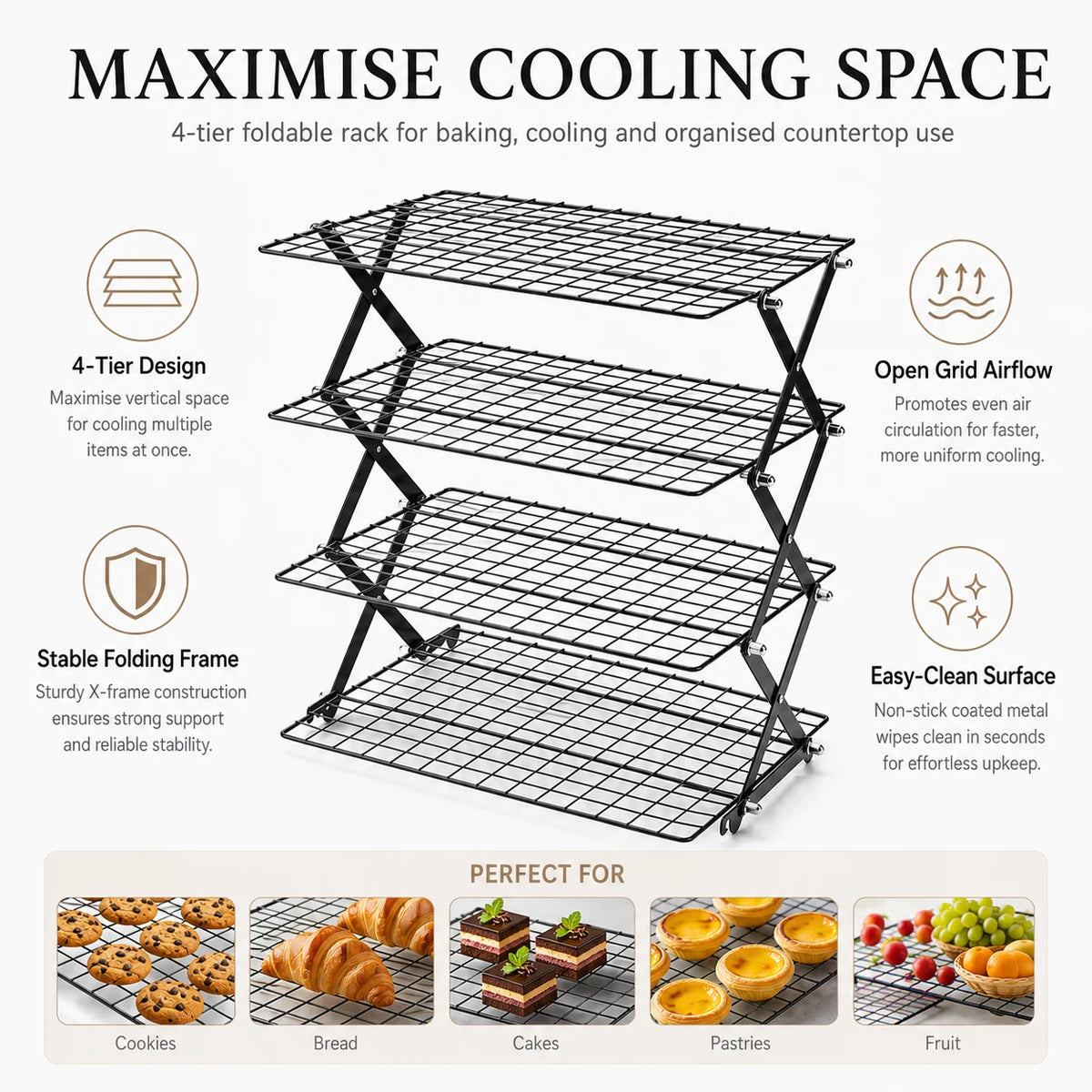 Uwhise 2/3/4-Tier Foldable Baking Cooling Rack Non-Stick Wire