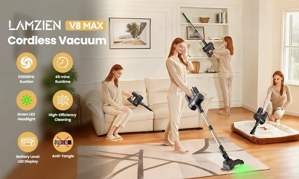 Lamzien V8max Cordless Vacuum Cleaner 55000pa/45min Runtime