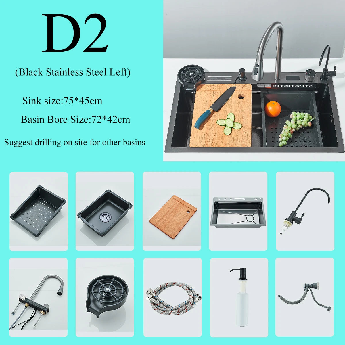 Stainless Steel Waterfall Sink Digital Display Large Sink