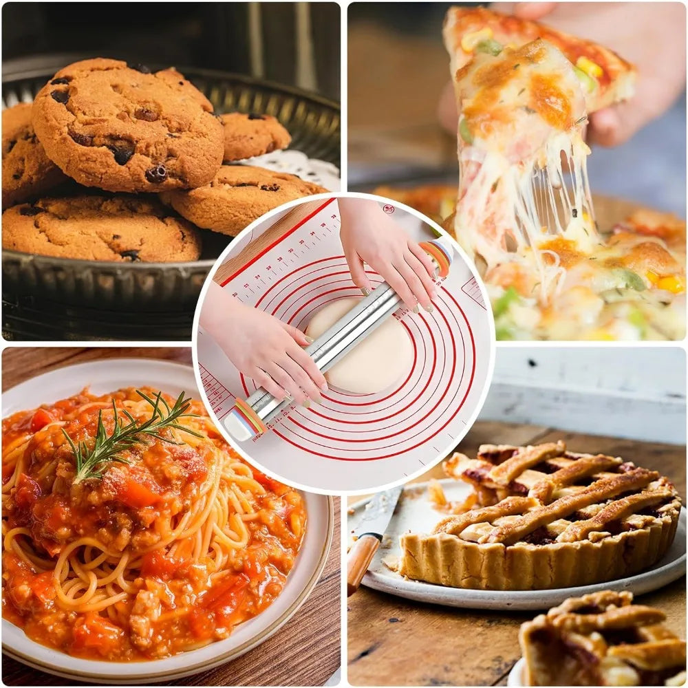 Rolling Pin Silicone Baking Pastry Mat Stainless Steel