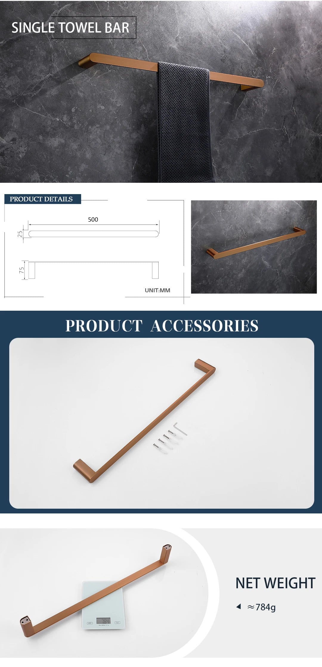 Brushed Rose Gold Storage Rack Towel Bar Tissue