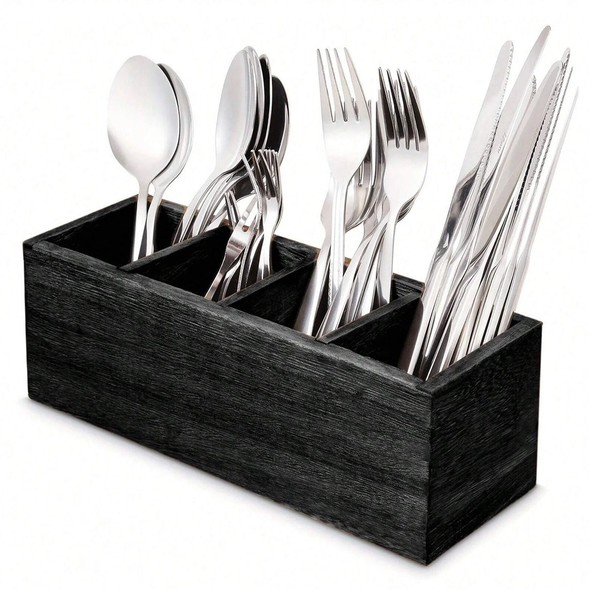 Wood Cutlery Caddy Utensil Organizer Compartments Silverware