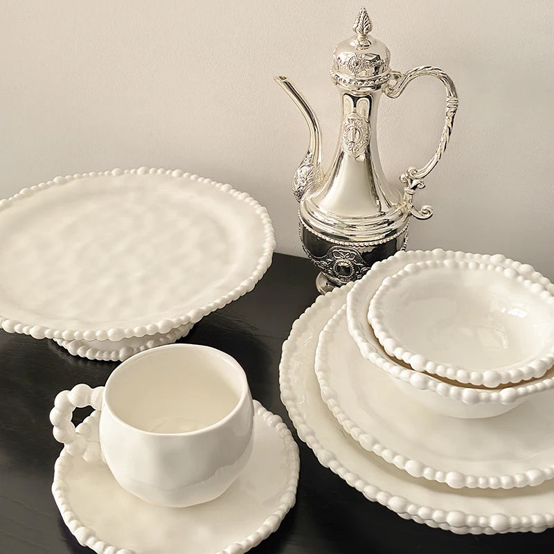 White Beaded 10 Ceramic Dinnerware Shallow Plates Scratch