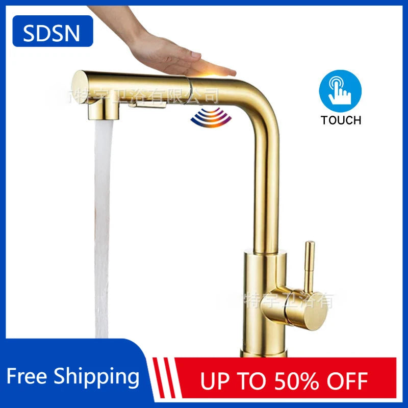 Brushed Gold Touch On Sink Faucets Pull Out