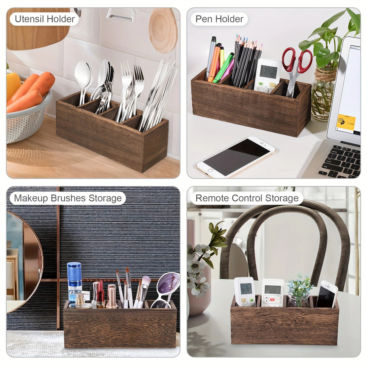 Wood Cutlery Caddy Utensil Organizer Compartments Silverware