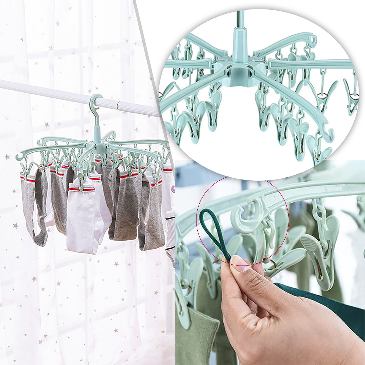 24-Clips Windproof Drying Rack Rotatable Foldable Hanger Sock