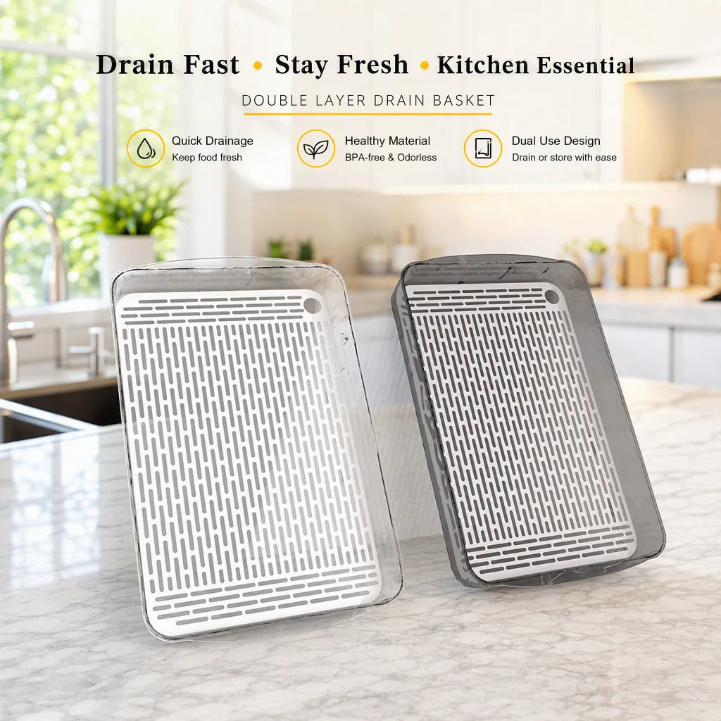 Double-Layer Rectangle Plastic Dish Drainer Fruit Dryer Tray